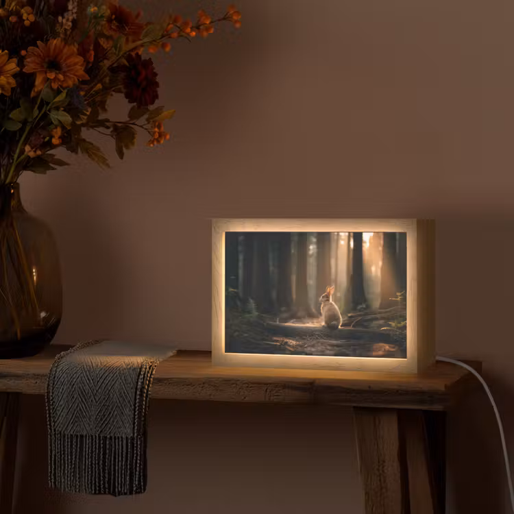 Konijn - Bos - Zonnestralen Light Box met kabel (Tafellamp) klein -sfeer4