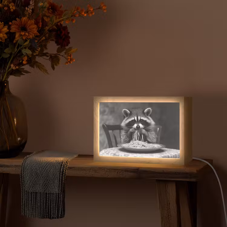 Wasbeer - Cute - Pasta - Tafelkleed - Zwart - Wit Light Box met kabel (Tafellamp) klein -sfeer4