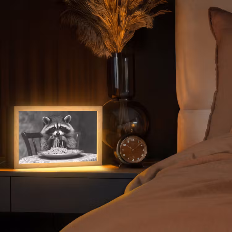 Wasbeer - Cute - Pasta - Tafelkleed - Zwart - Wit Light Box met kabel (Tafellamp) klein -sfeer1