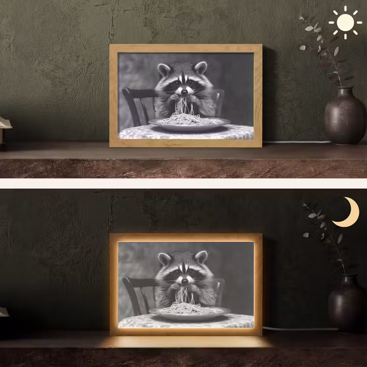 Wasbeer - Cute - Pasta - Tafelkleed - Zwart - Wit Light Box met kabel (Tafellamp) klein -sfeer3
