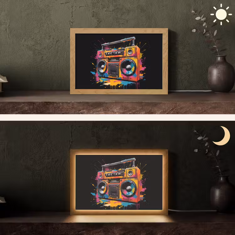 Radio - Graffiti - Box - Kleuren - Zwart Light Box met kabel (Tafellamp) klein -sfeer3