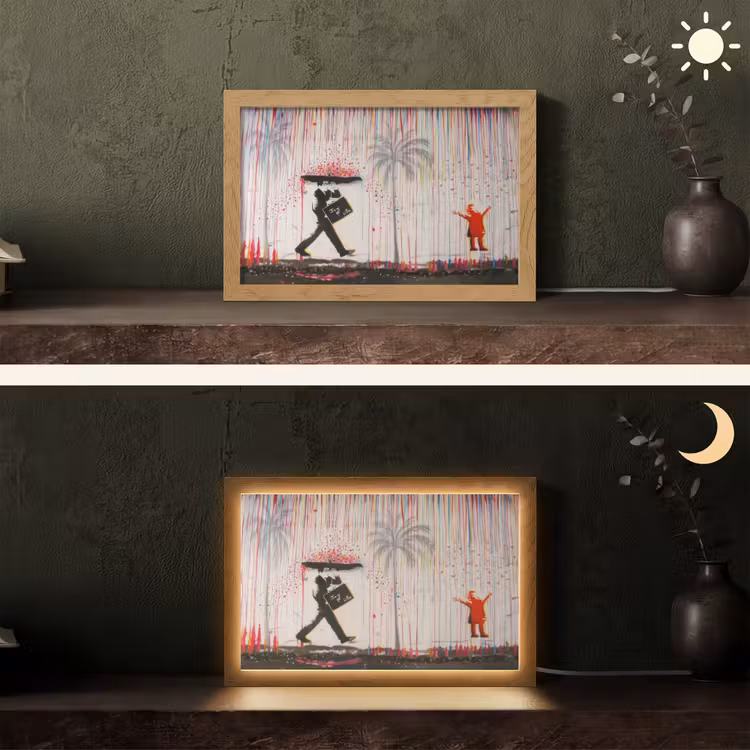 Regen - Graffiti - Man - Banksy Style Light Box met kabel (Tafellamp) klein -sfeer3