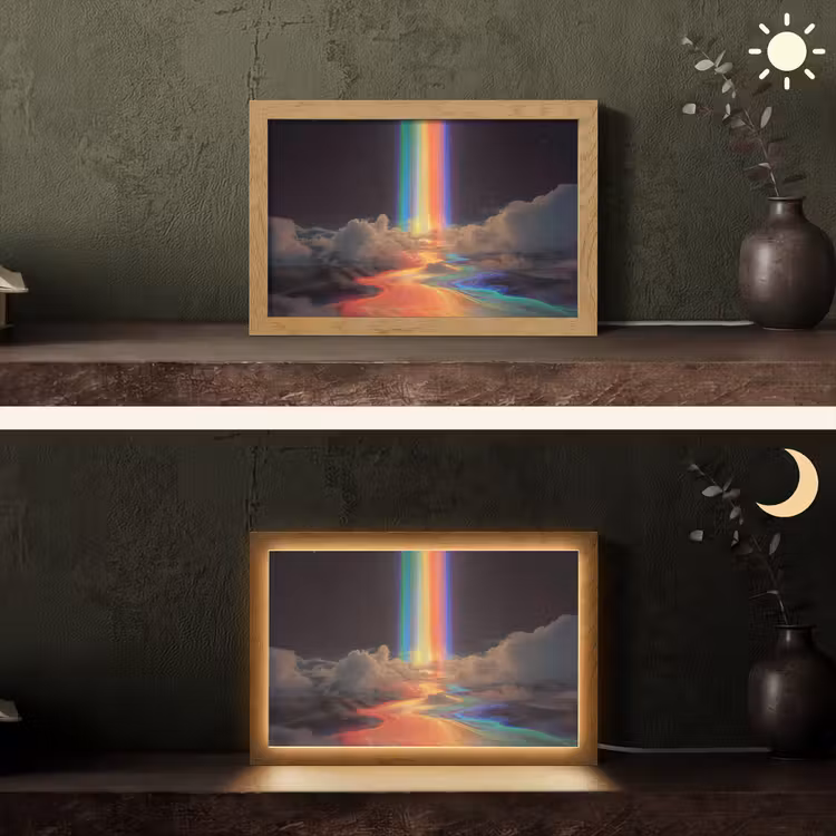 Regenboog - Verticaal - Sterrenhemel - Wolken Light Box met kabel (Tafellamp) klein -sfeer3