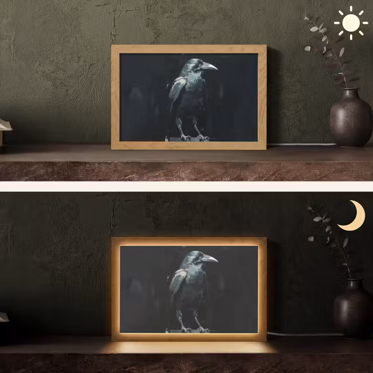 Raaf - Vogels - Zwart Light Box met kabel (Tafellamp) klein -sfeer3