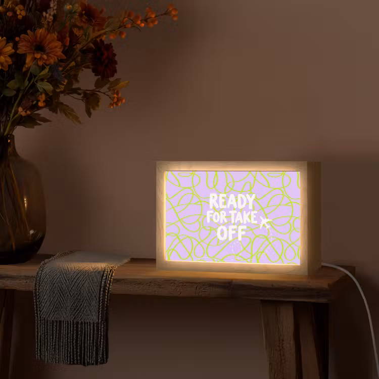 Ready for take off - Vliegtuig - Groen - Paars - Golvende lijnen Light Box met kabel (Tafellamp) klein -sfeer4