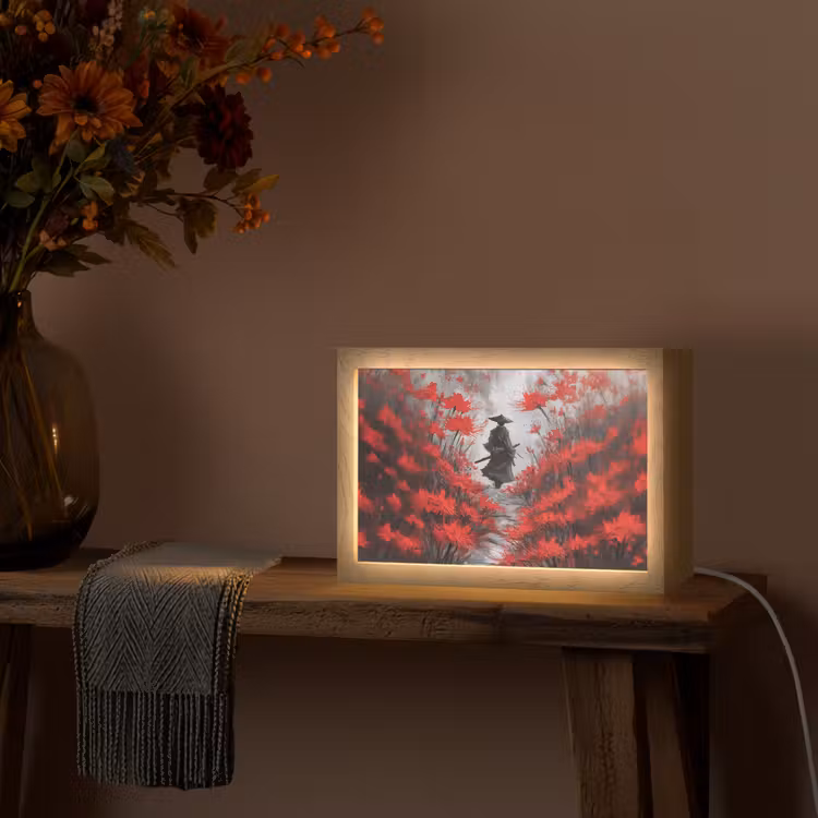 Rode bloemen - mistig - Man Light Box met kabel (Tafellamp) klein -sfeer4