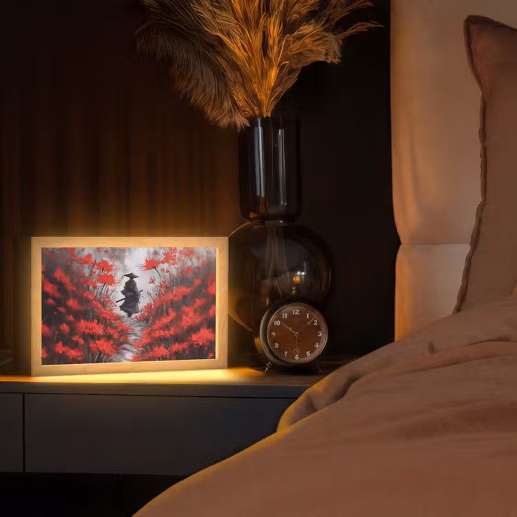 Rode bloemen - mistig - Man Light Box met kabel (Tafellamp) klein -sfeer1