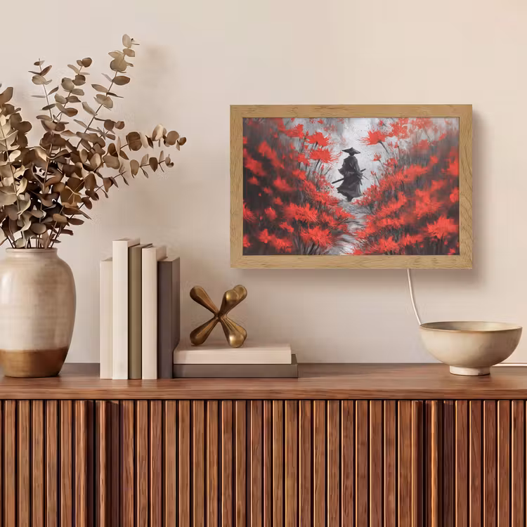 Rode bloemen - mistig - Man Light Box met kabel (Tafellamp) klein -sfeer2