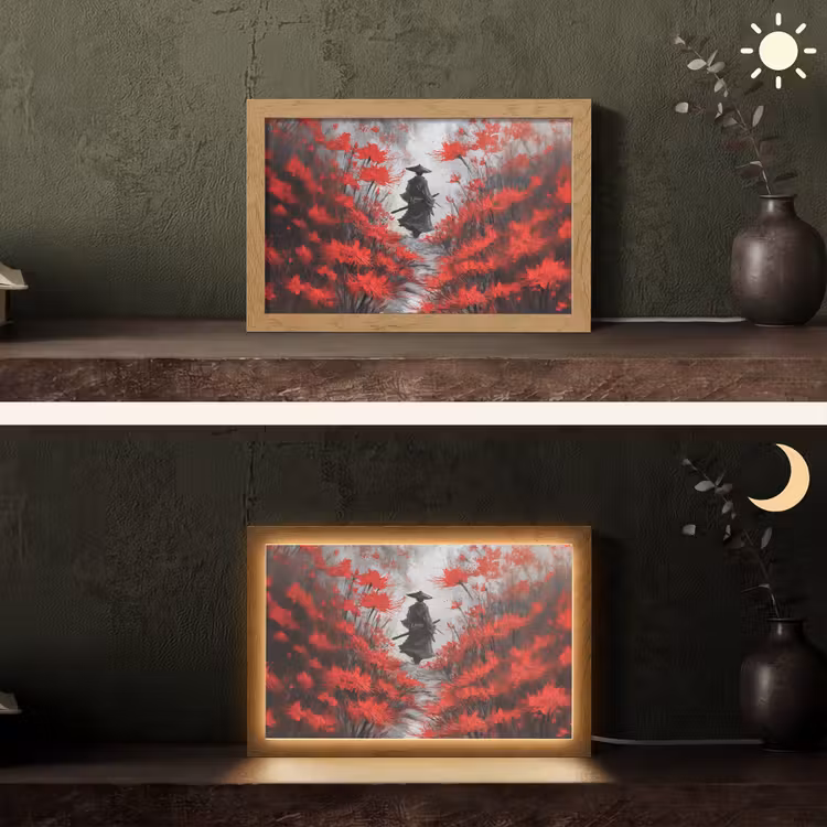 Rode bloemen - mistig - Man Light Box met kabel (Tafellamp) klein -sfeer3