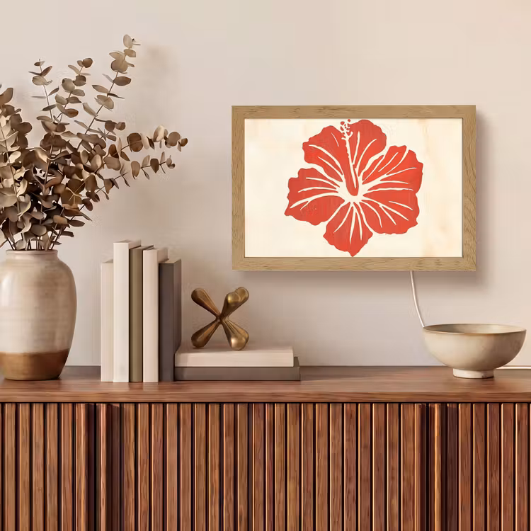 Rode hibiscusbloem - Textuur achtergrond - Beige Light Box met kabel (Tafellamp) klein -sfeer2