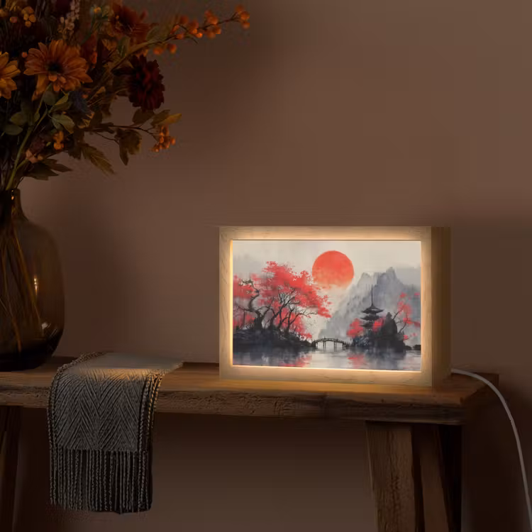 Rode zon - Rivier - brug - Bomen Light Box met kabel (Tafellamp) klein -sfeer4