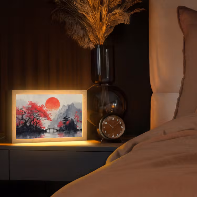 Rode zon - Rivier - brug - Bomen Light Box met kabel (Tafellamp) klein -sfeer1