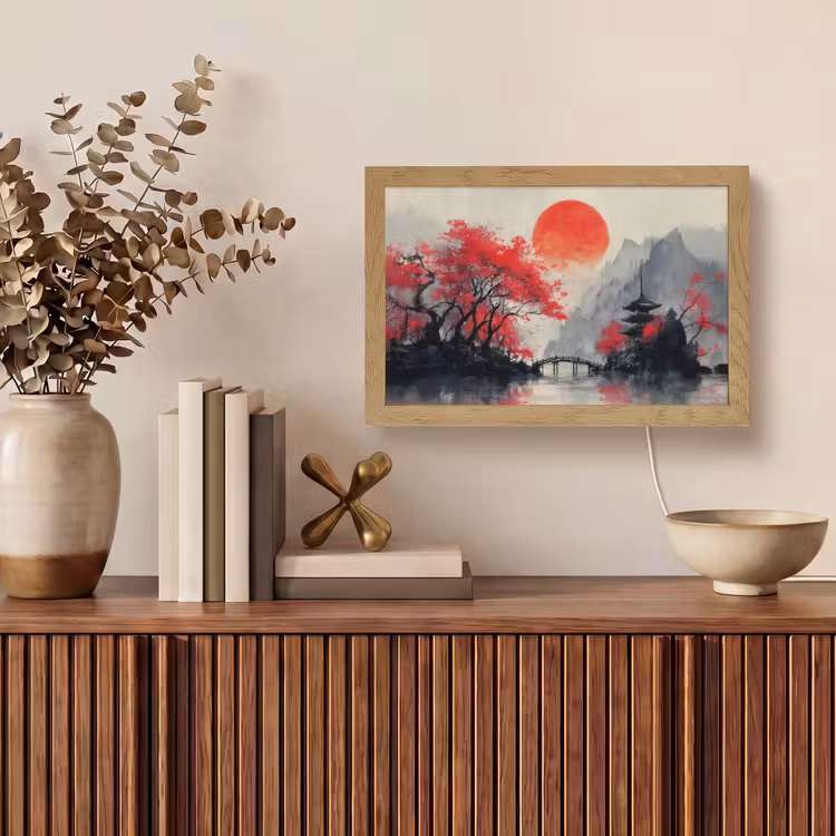 Rode zon - Rivier - brug - Bomen Light Box met kabel (Tafellamp) klein -sfeer2