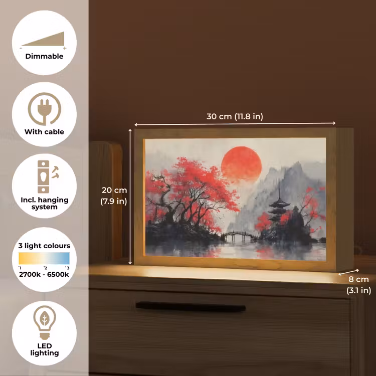 Rode zon - Rivier - brug - Bomen Light Box met kabel (Tafellamp) klein -USP_EN