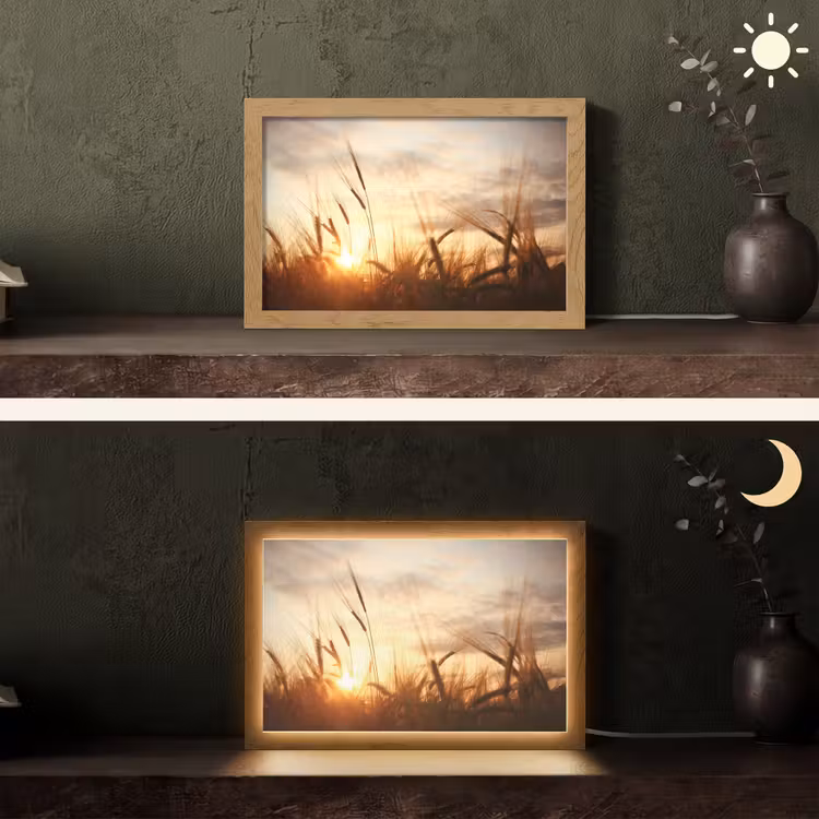 Riet - Gras - Zonsondergang - Natuur - Horizon Light Box met kabel (Tafellamp) klein -sfeer3