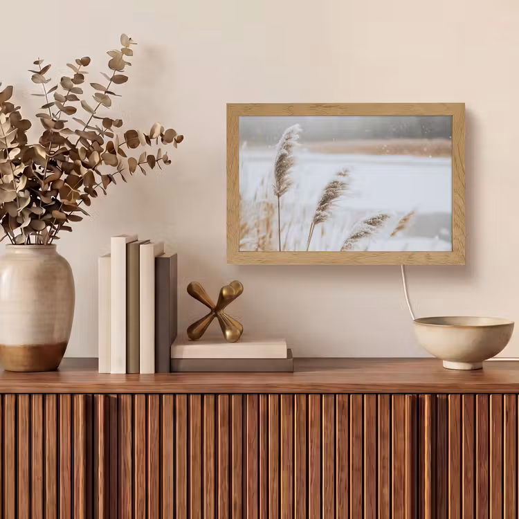 Riet - Meer - Winter - Natuur - Sneeuw - Beige Light Box met kabel (Tafellamp) klein -sfeer2