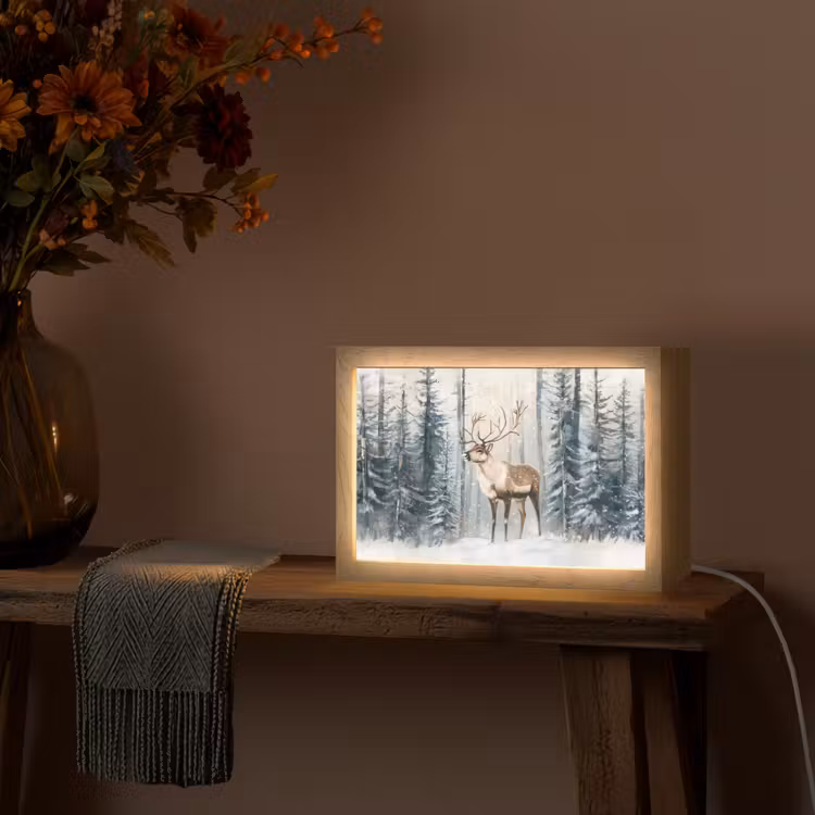 Rendier - Sneeuw - Woud - Wit Light Box met kabel (Tafellamp) klein -sfeer4
