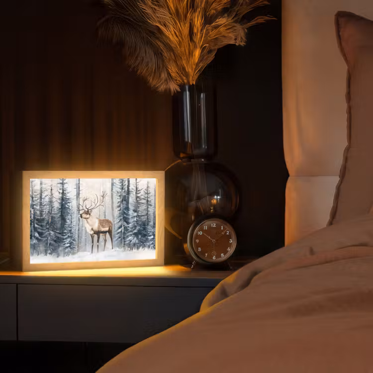 Rendier - Sneeuw - Woud - Wit Light Box met kabel (Tafellamp) klein -sfeer1