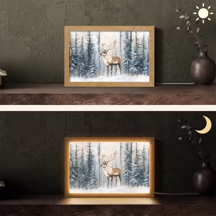 Rendier - Sneeuw - Woud - Wit Light Box met kabel (Tafellamp) klein -sfeer3
