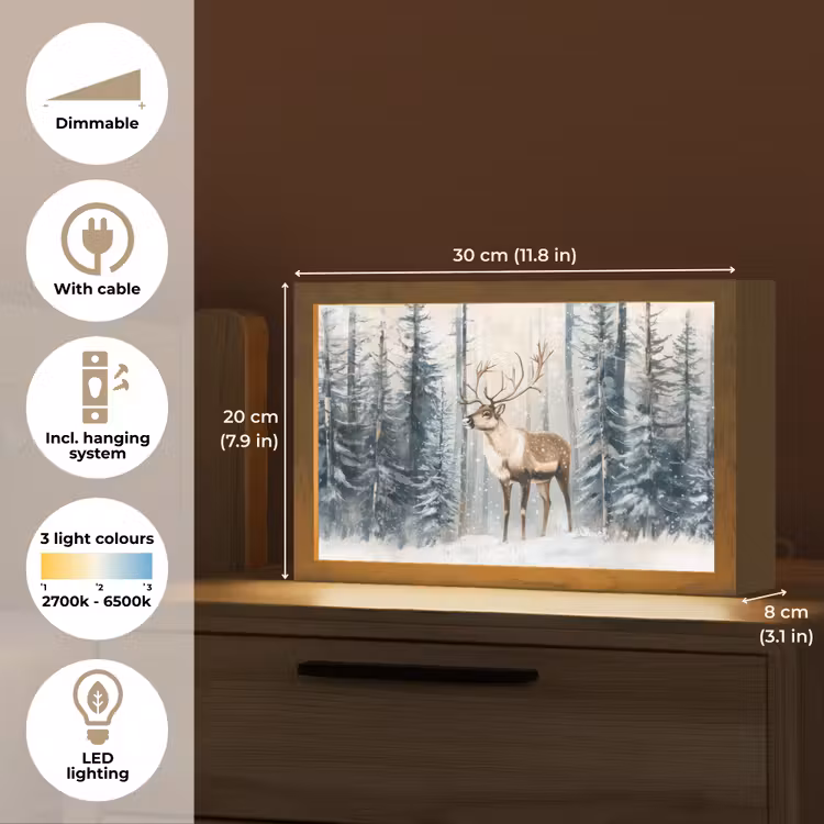 Rendier - Sneeuw - Woud - Wit Light Box met kabel (Tafellamp) klein -USP_EN