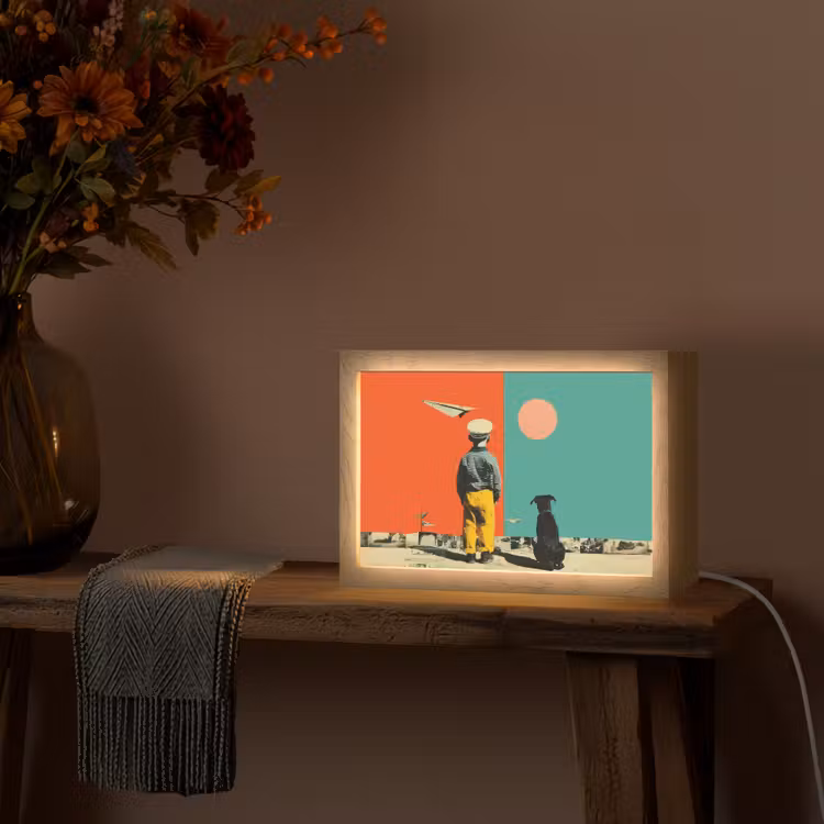Retro - Jongen - Hond - Rood - Groen Light Box met kabel (Tafellamp) klein -sfeer4