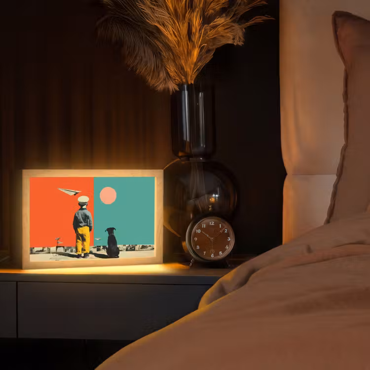 Retro - Jongen - Hond - Rood - Groen Light Box met kabel (Tafellamp) klein -sfeer1