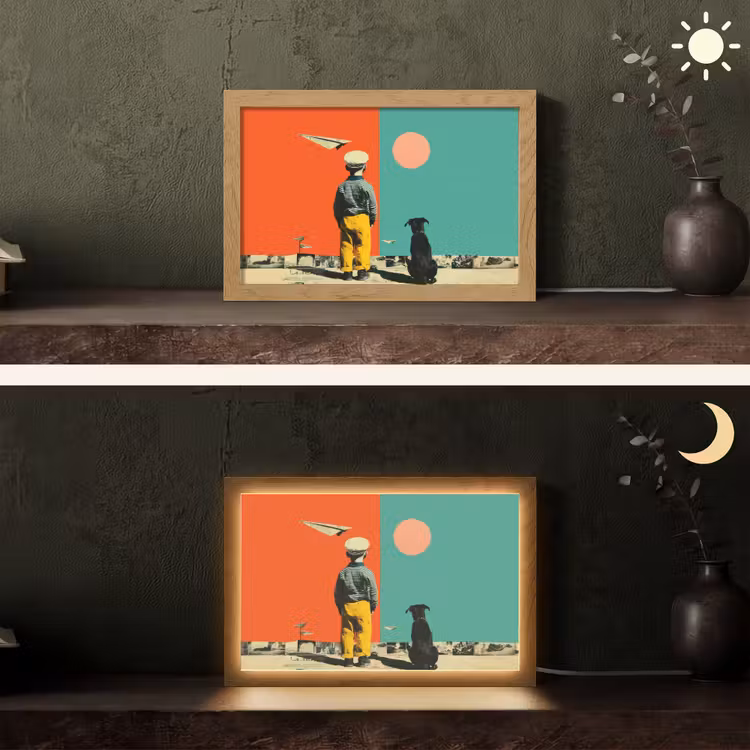Retro - Jongen - Hond - Rood - Groen Light Box met kabel (Tafellamp) klein -sfeer3