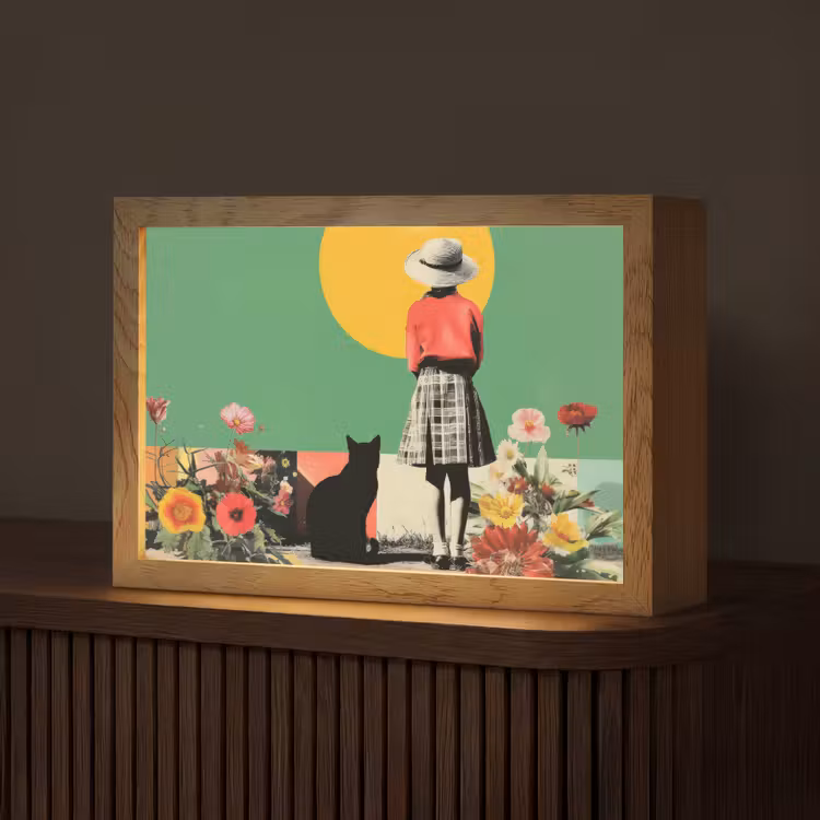 Retro - Meisje - Kat - Zon Light Box met kabel (Tafellamp) klein -z3d_website