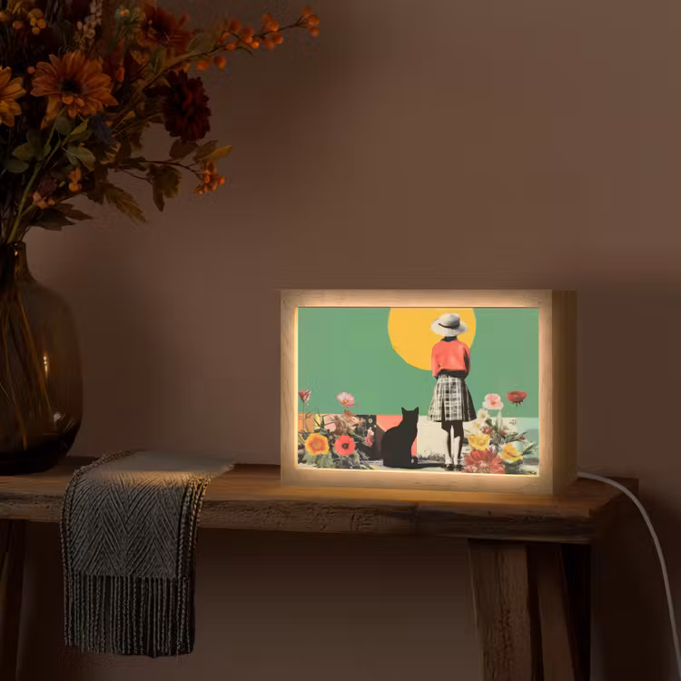 Retro - Meisje - Kat - Zon Light Box met kabel (Tafellamp) klein -sfeer4
