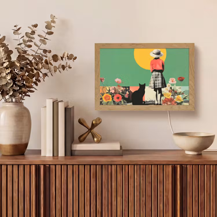Retro - Meisje - Kat - Zon Light Box met kabel (Tafellamp) klein -sfeer2