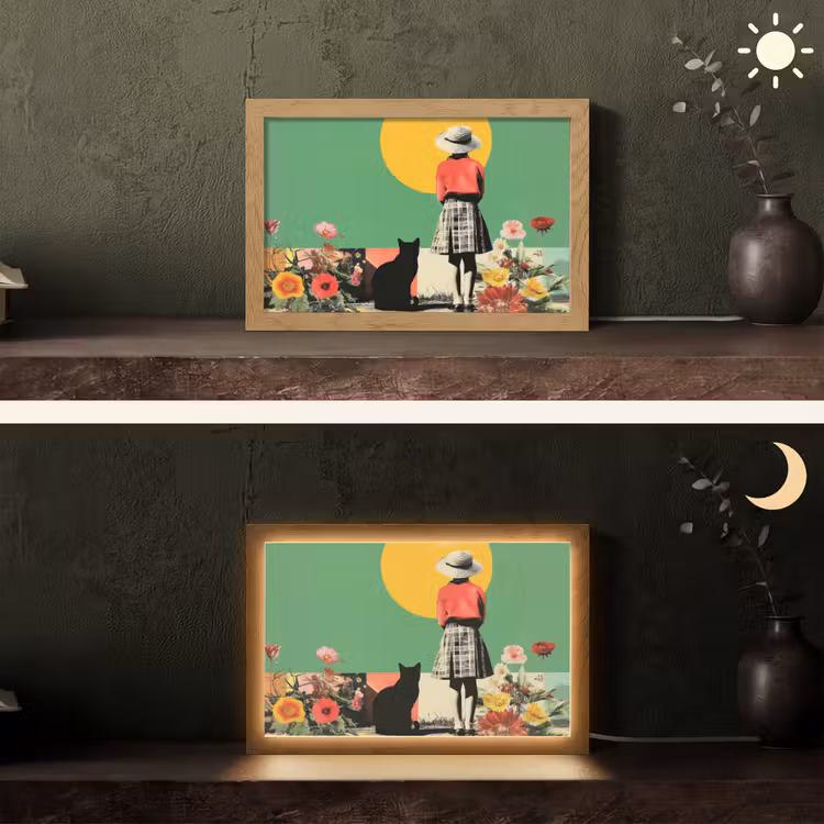 Retro - Meisje - Kat - Zon Light Box met kabel (Tafellamp) klein -sfeer3