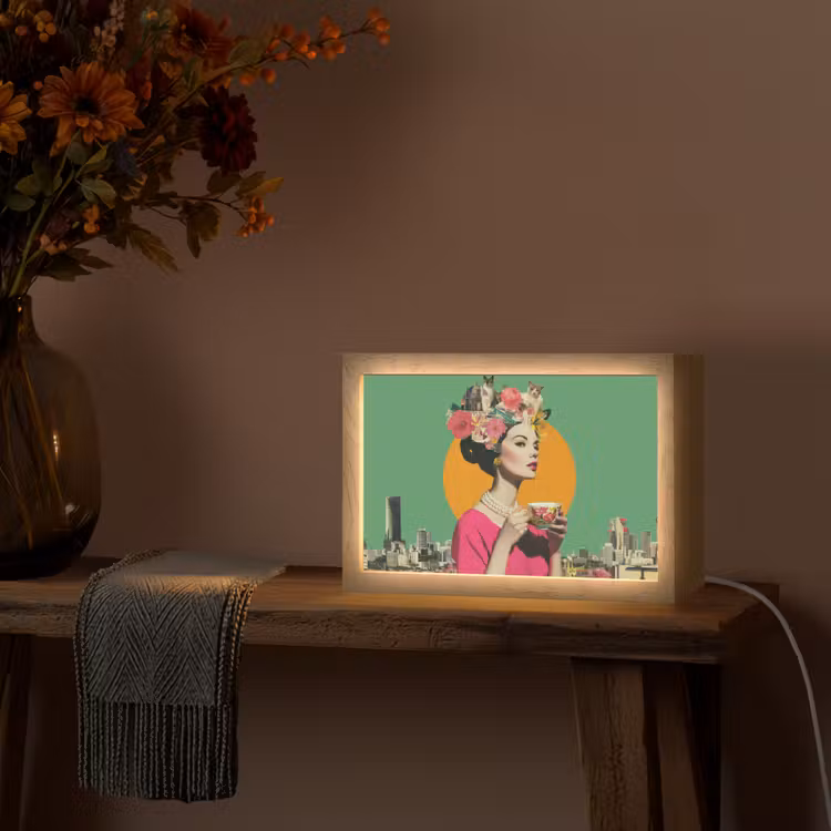 Retro - Vrouw - Stad - Zon Light Box met kabel (Tafellamp) klein -sfeer4