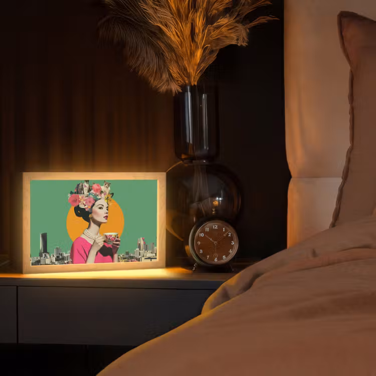 Retro - Vrouw - Stad - Zon Light Box met kabel (Tafellamp) klein -sfeer1
