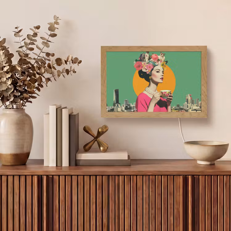 Retro - Vrouw - Stad - Zon Light Box met kabel (Tafellamp) klein -sfeer2