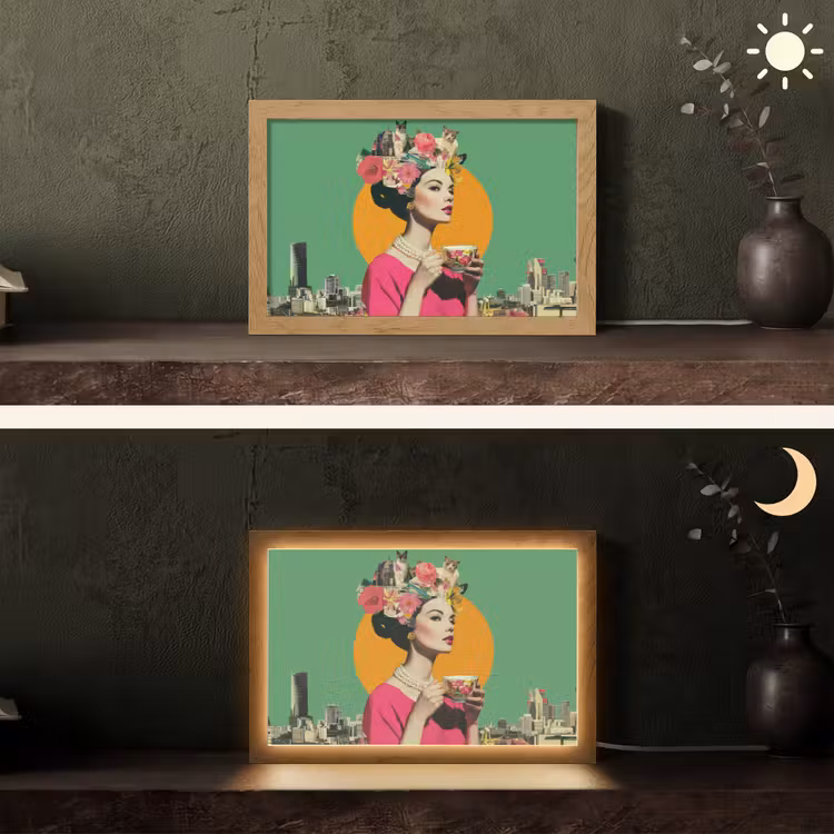 Retro - Vrouw - Stad - Zon Light Box met kabel (Tafellamp) klein -sfeer3