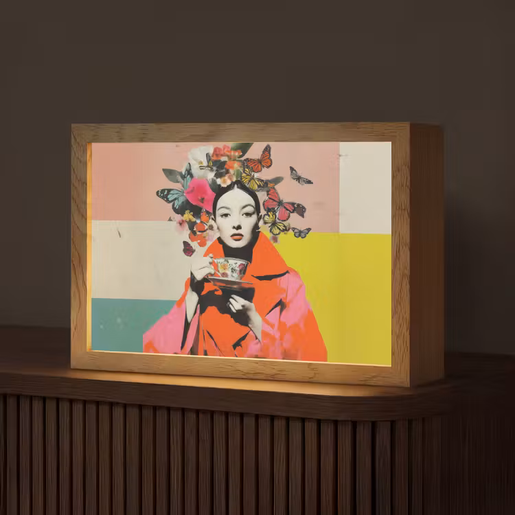 Retro - Vrouw - Kopje - Vlinders Light Box met kabel (Tafellamp) klein -z3d_website