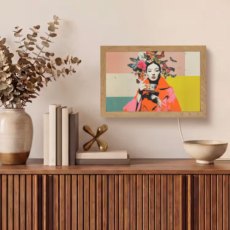 Retro - Vrouw - Kopje - Vlinders Light Box met kabel (Tafellamp) klein -sfeer2