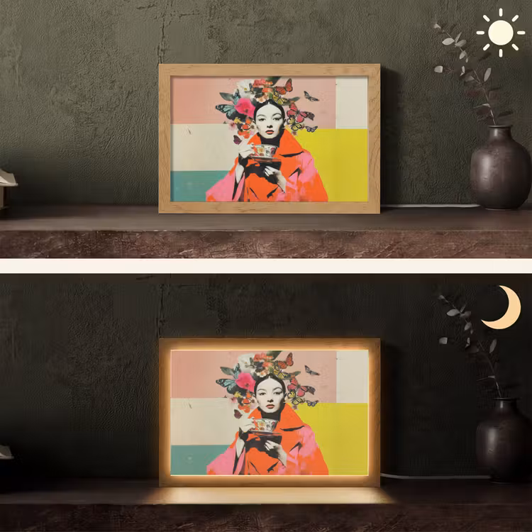 Retro - Vrouw - Kopje - Vlinders Light Box met kabel (Tafellamp) klein -sfeer3