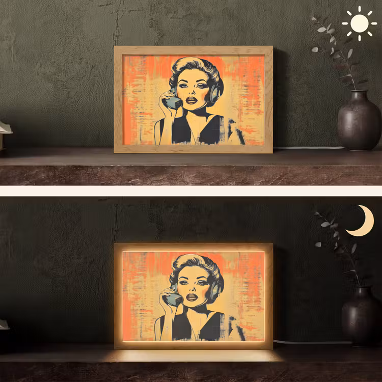 Retro - Vrouw - Koptelefoon - Oranje Light Box met kabel (Tafellamp) klein -sfeer3