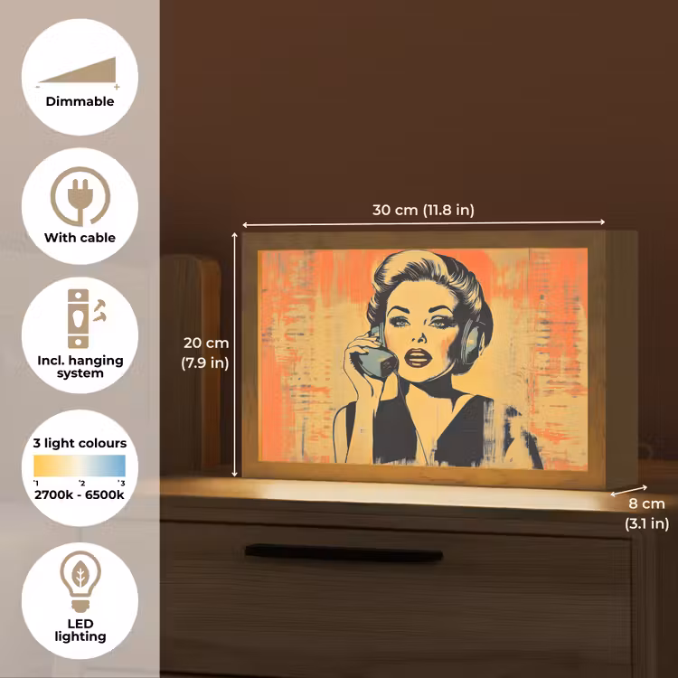 Retro - Vrouw - Koptelefoon - Oranje Light Box met kabel (Tafellamp) klein -USP_EN