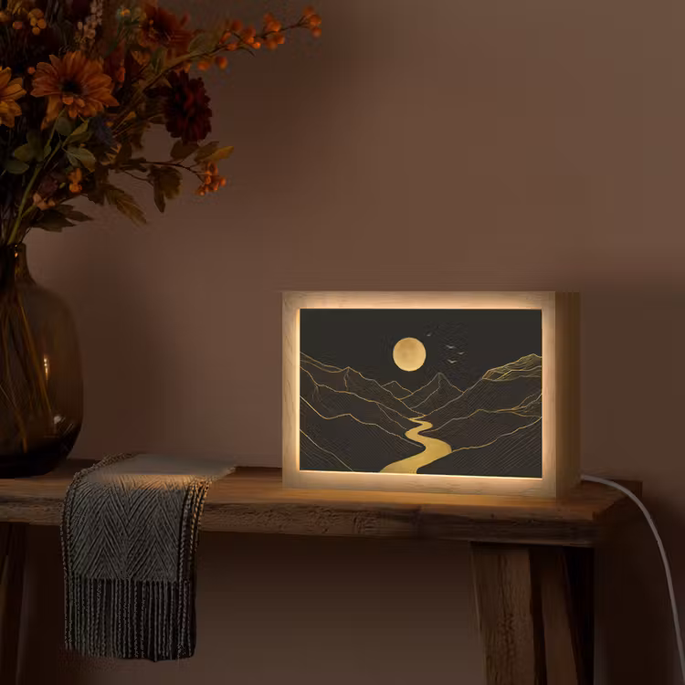 Rivier - Goud - Maan - Vogels Light Box met kabel (Tafellamp) klein -sfeer4