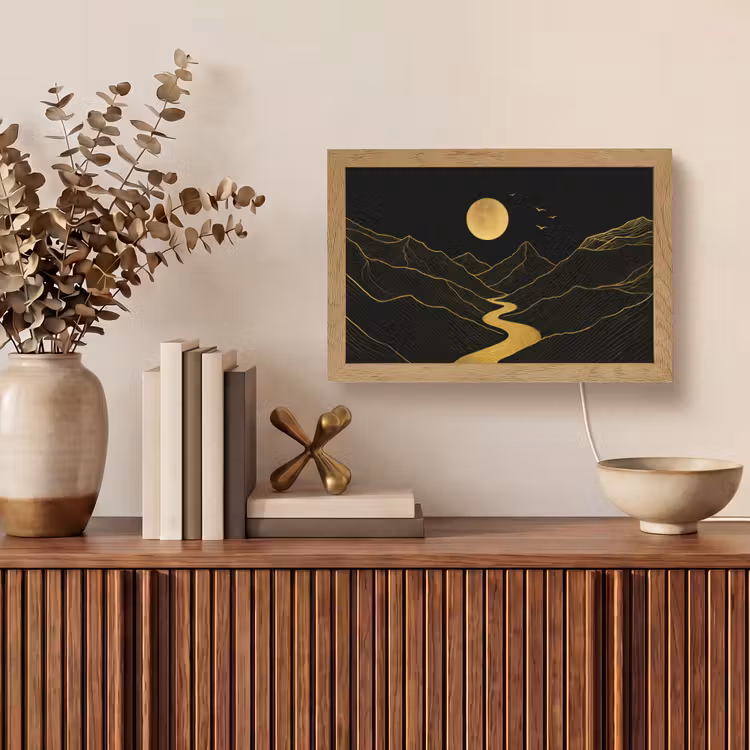 Rivier - Goud - Maan - Vogels Light Box met kabel (Tafellamp) klein -sfeer2