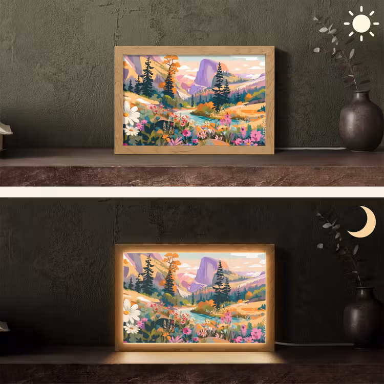 Rivier - Vallei vol bloemen - Levendig Light Box met kabel (Tafellamp) klein -sfeer3