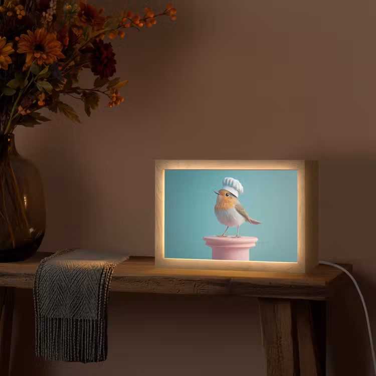 Roodborstje - Vogel - Koksmuts - Sokkel Light Box met kabel (Tafellamp) klein -sfeer4