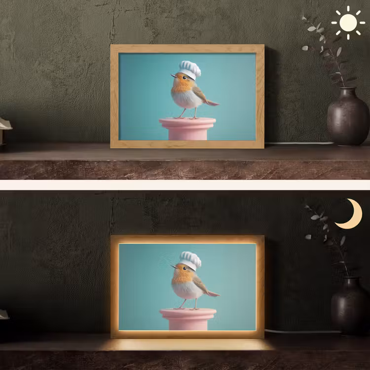 Roodborstje - Vogel - Koksmuts - Sokkel Light Box met kabel (Tafellamp) klein -sfeer3