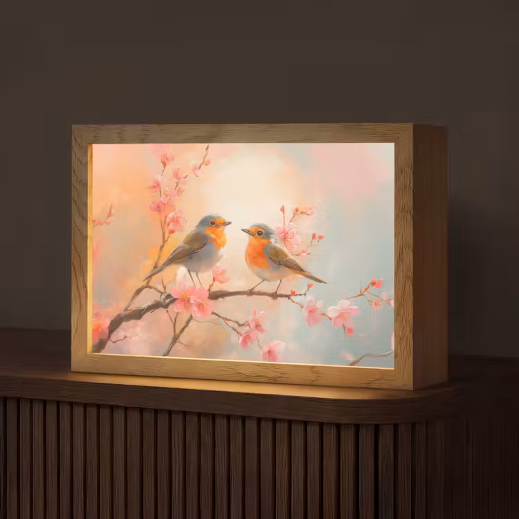 Roodborstjes - Sierlijk - Bloesemtak Light Box met kabel (Tafellamp) klein -z3d_website