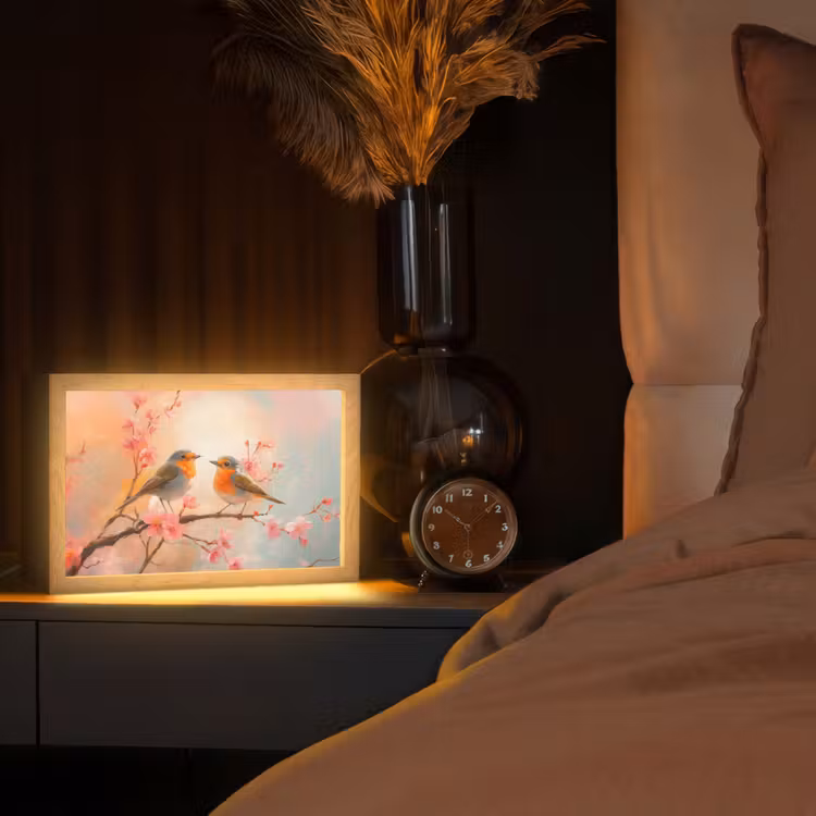 Roodborstjes - Sierlijk - Bloesemtak Light Box met kabel (Tafellamp) klein -sfeer1