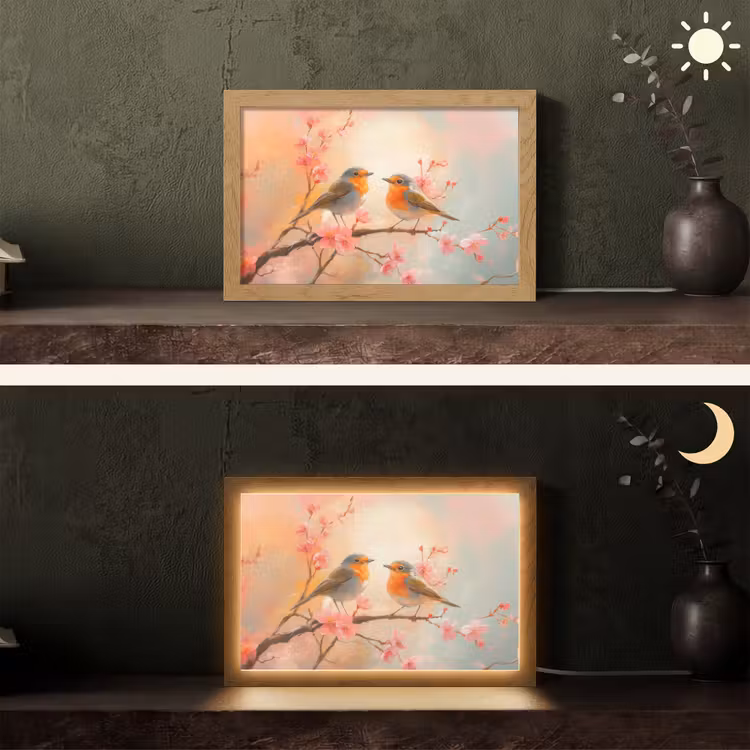 Roodborstjes - Sierlijk - Bloesemtak Light Box met kabel (Tafellamp) klein -sfeer3