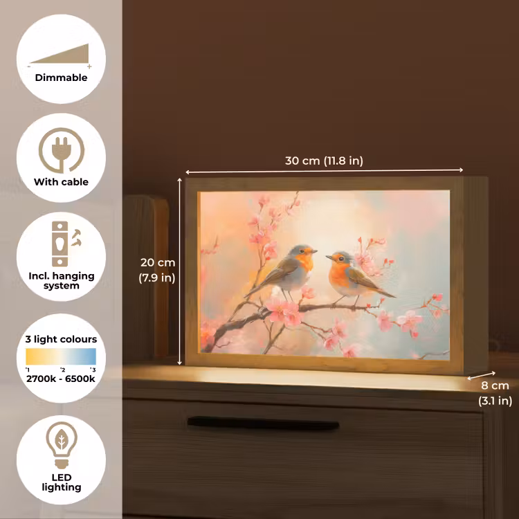 Roodborstjes - Sierlijk - Bloesemtak Light Box met kabel (Tafellamp) klein -USP_EN