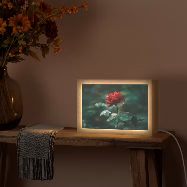 Roos - Bladeren - Dieprood Light Box met kabel (Tafellamp) klein -sfeer4
